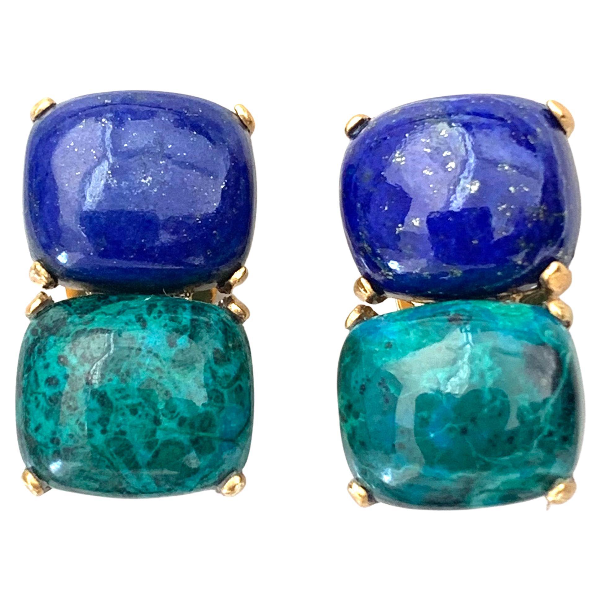 Center drill Lapis Lazuli Earrings Vintage Carved Lapis Lazuli Round Earrings Pair 14mm 8g-C495