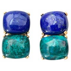 Double Cushion Cabochon Lapis Lazuli and Chrysocolla Vermeil Clip-on Earrings
