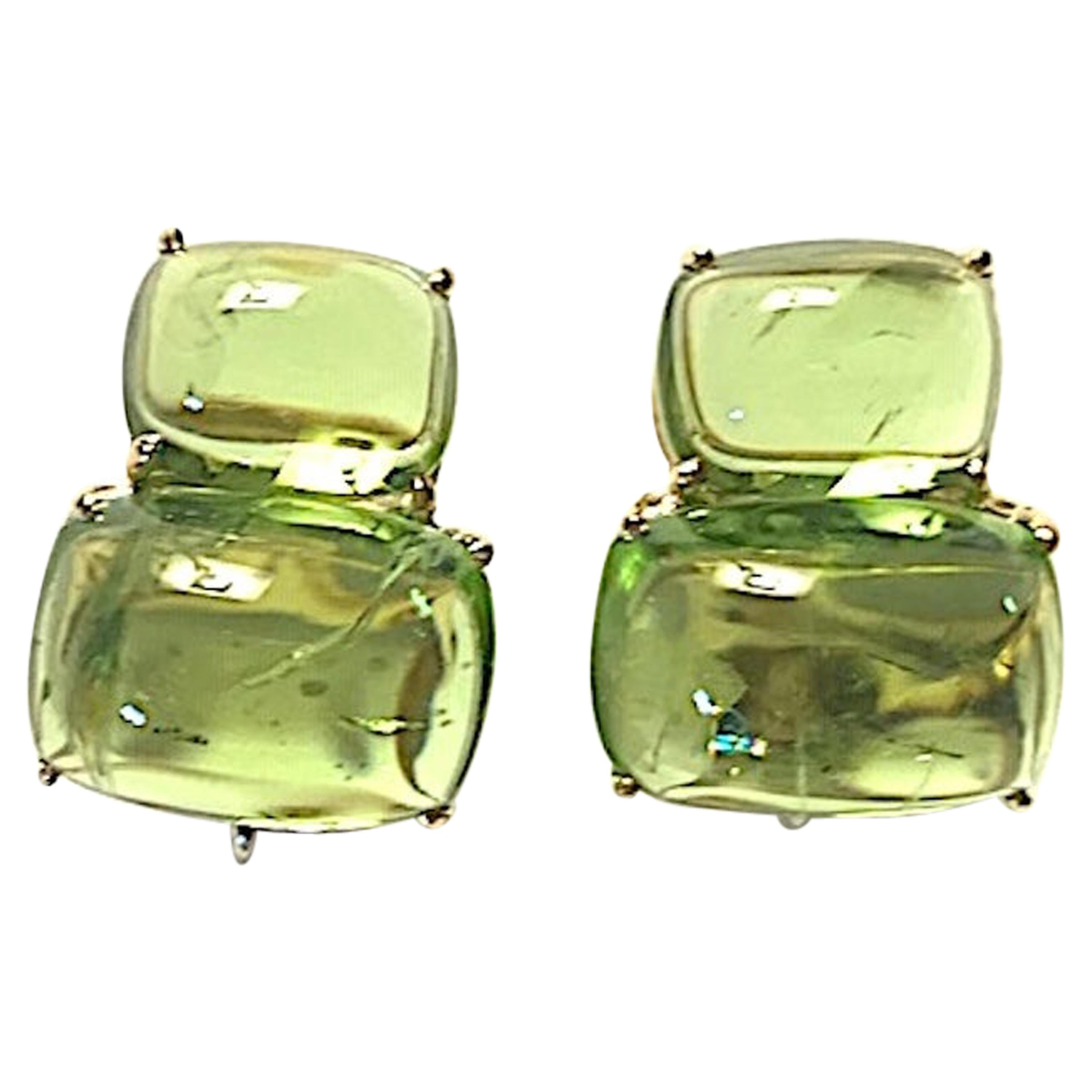 Double Cushion Cut Cabochon Peridot Yellow Gold Earrings For Sale