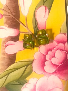 Double Cushion Cut Cabochon Peridot Yellow Gold Earrings with Diamonds