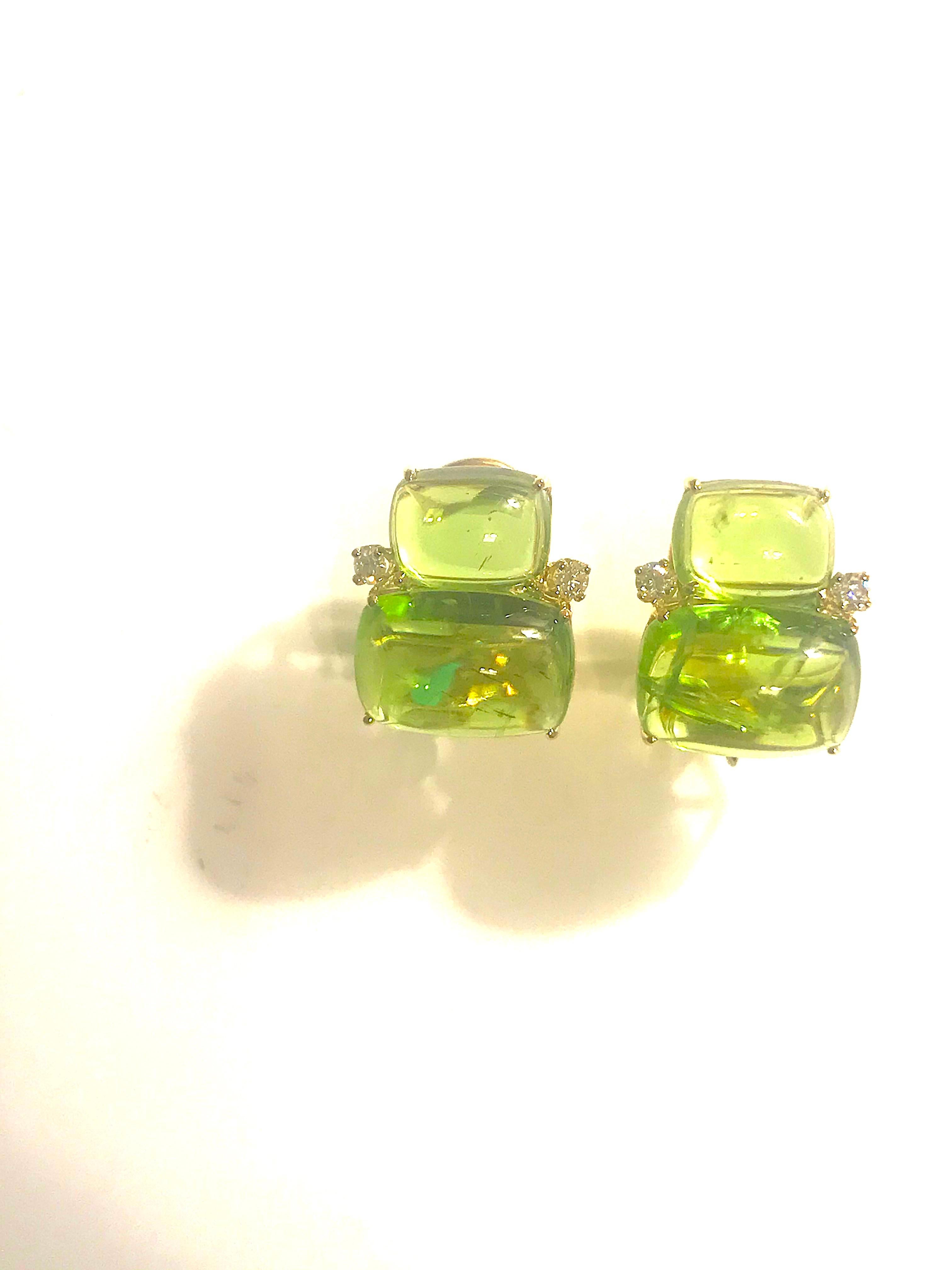 Modern Double Cushion Cut Cabochon Peridot Yellow Gold Earrings with Diamonds For Sale