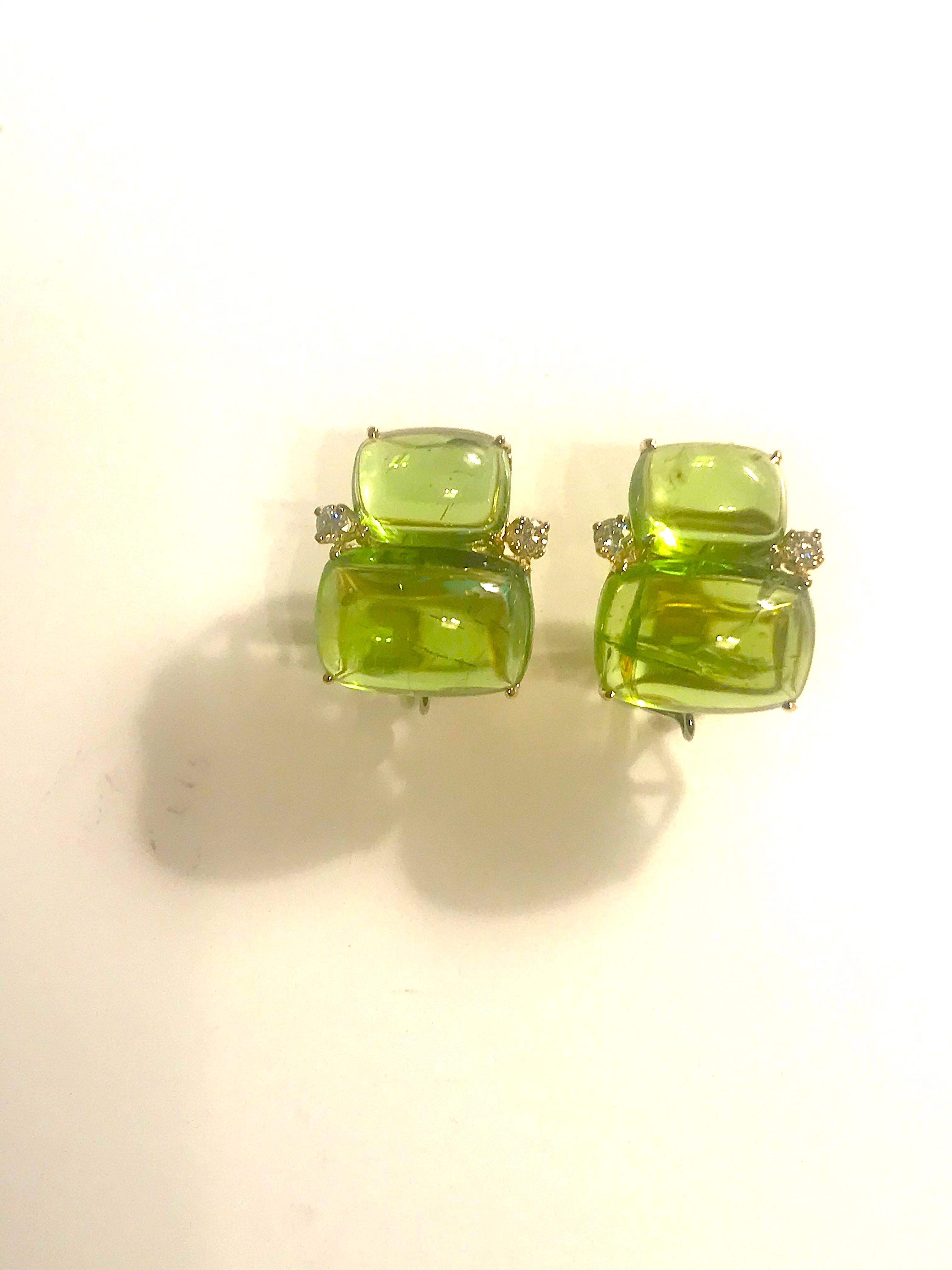 Double Cushion Cut Cabochon Peridot Yellow Gold Earrings with Diamonds In New Condition For Sale In New York, NY