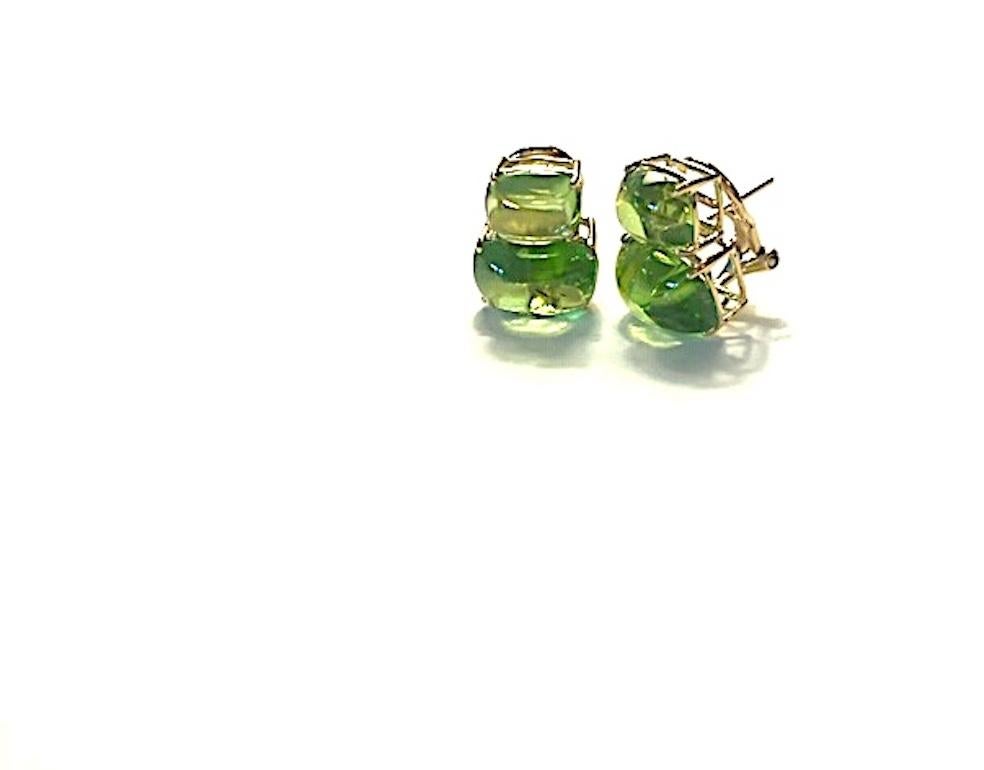 Double Cushion Cut Cabochon Peridot Yellow Gold Earrings with Diamonds For Sale 2