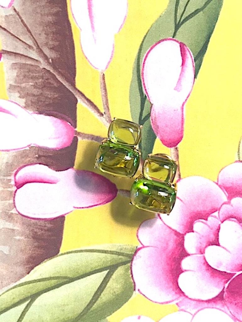 Double Cushion Cut Cabochon Peridot Yellow Gold Earrings with Diamonds For Sale 3