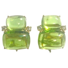 Double Cushion Cut Cabochon Peridot Yellow Gold Earrings with Diamonds