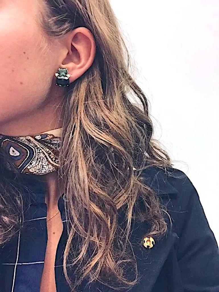 Gelbgold-Ohrringe mit doppeltem Kissenschliff, grünem Granat, Stein und Diamant Damen im Angebot