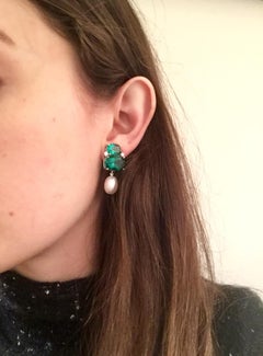 Double Cushion Green Garnet Earrings with Detachable Pearls