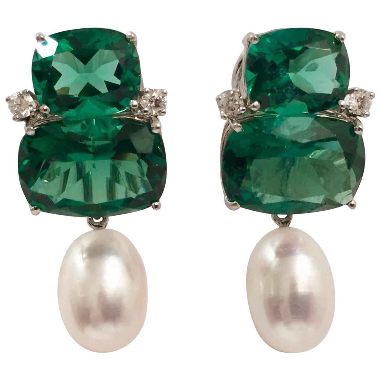 Double Cushion Green Amethyst Stone Earrings with Detachable Pearls For Sale