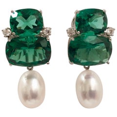 Double Cushion Green Amethyst Stone Earrings with Detachable Pearls