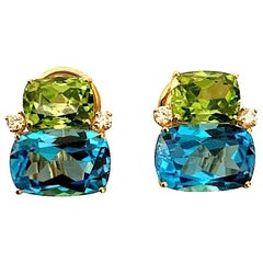 Double Cushion Ohrringe mit Peridot und blauem Topas und Diamant aus Gelbgold