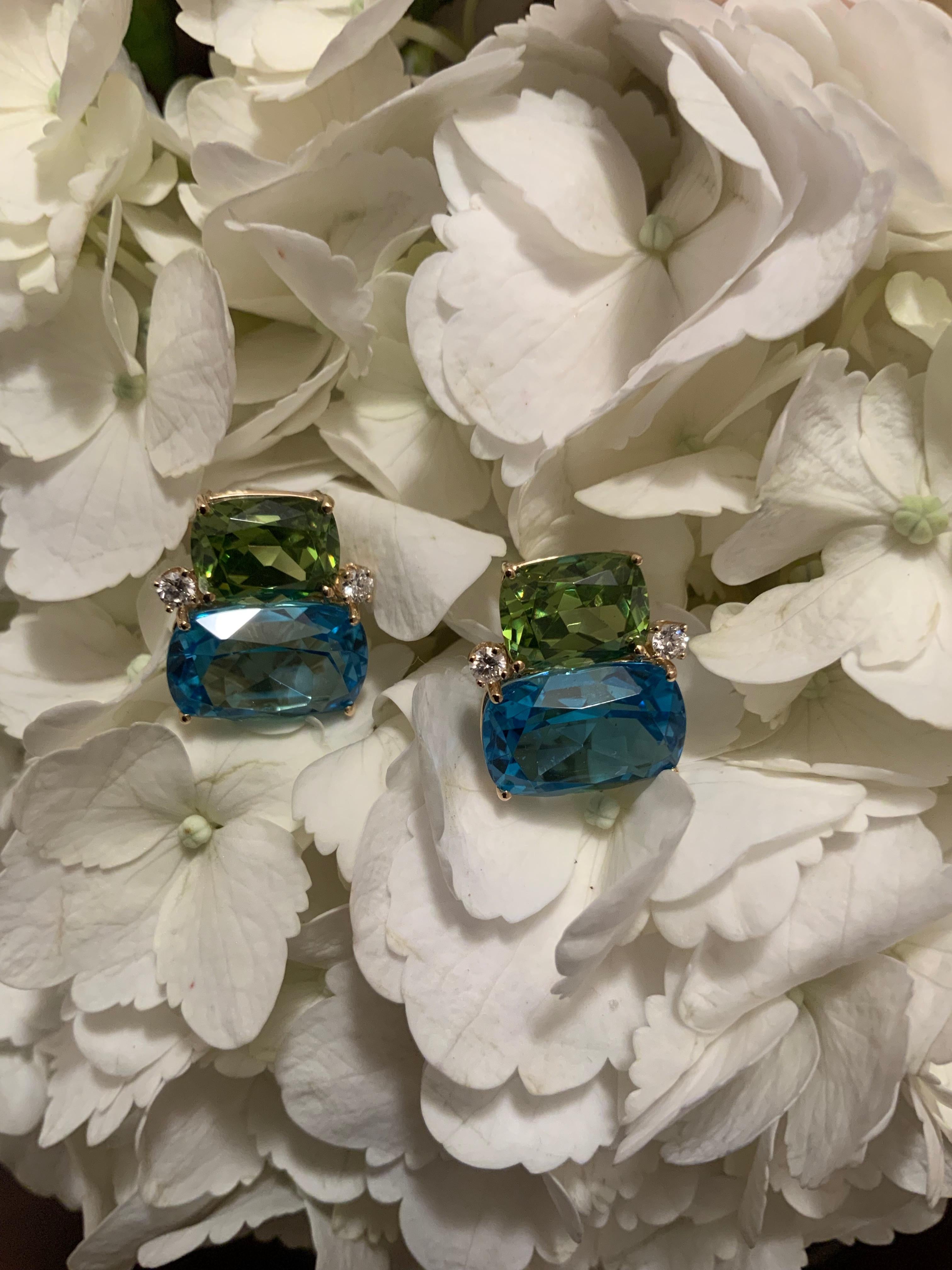 Double Cushion Peridot and Blue Topaz Stone Diamond Yellow Gold Earrings For Sale 2