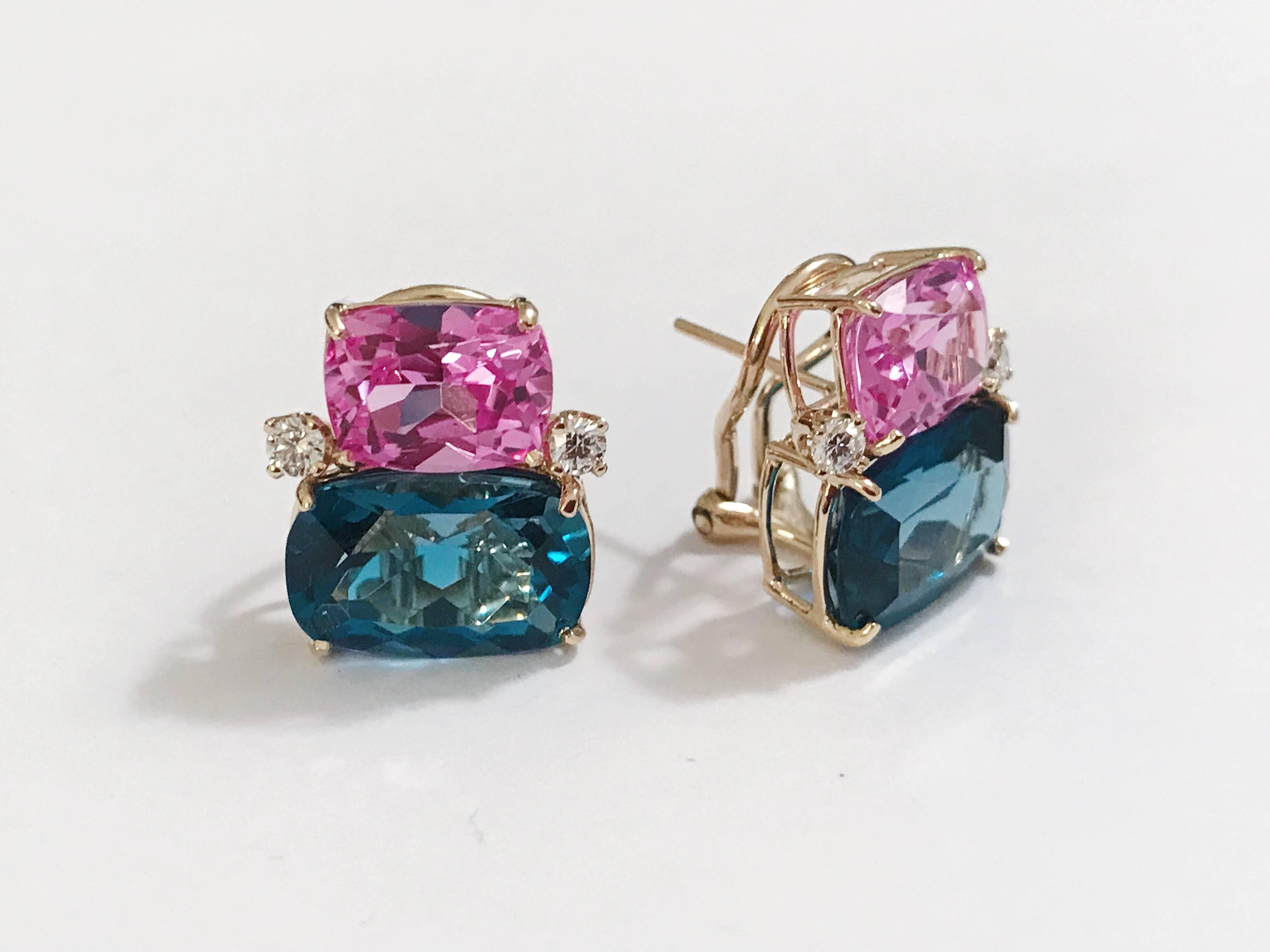 Elegant 18kt Yellow Gold Double CushionHot Pink Topaz and London Blue Topaz Stone Earrings with Diamonds. 

This is a classic day to evening earring that can be made with a clip or pierced. The meaning measures 3/4' tall and 1/2