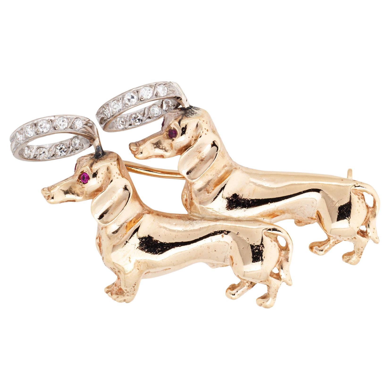 Doppelter Dachshund Hundeanhänger mit Engel-Halo Vintage 14k Gold Diamant-Tierschmuck im Angebot