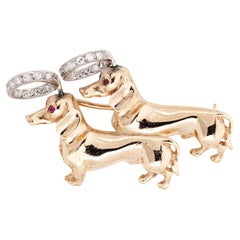 Double Dachshund Dog Pendant Angel Halo Retro 14k Gold Diamond Animal Jewelry