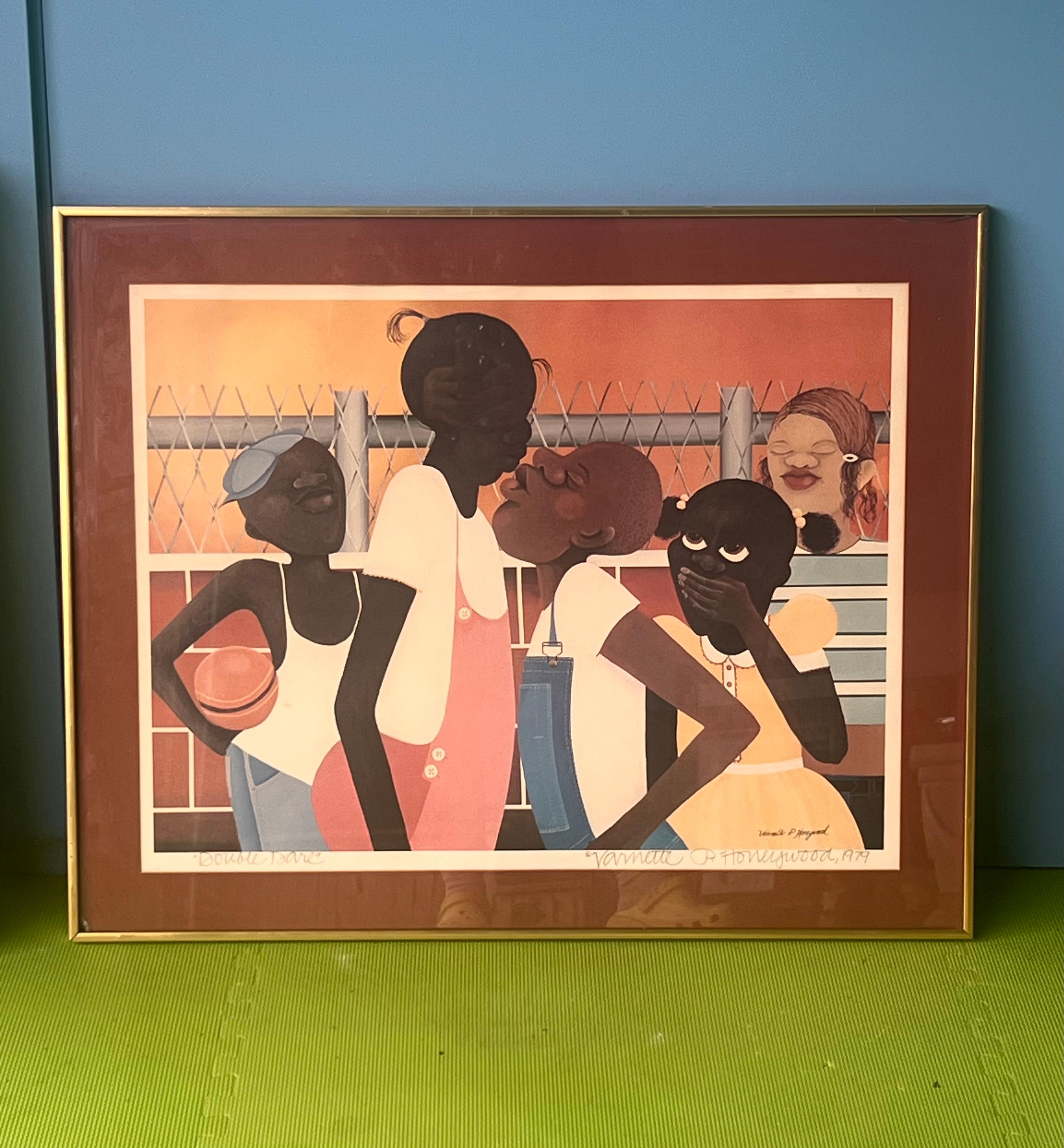 Expressionist Double Dare: a framed original print by Varnette P. Honeywood, signed, 1979
