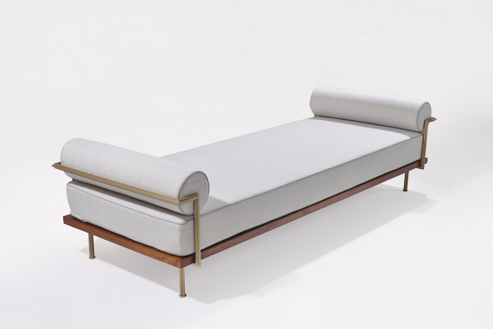 Mid-Century Modern Double Daybed Reclaimed Hardwood & Solid Brass Frame by P. Tendercool (Outdoor) For Sale