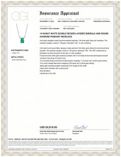 Double Decker Layered Emerald and Round Diamond Gold Pendant Necklace