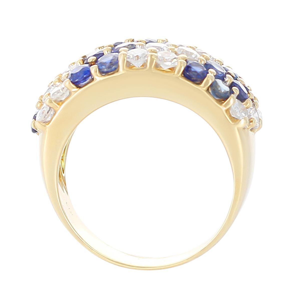 Round Cut Double Diagonal Sapphire and Diamond Cocktail Ring, 18 Karat Yellow Gold