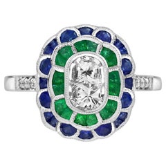 Double Diamond Emerald and Sapphire Vintage Style Floral Ring in 18K White Gold