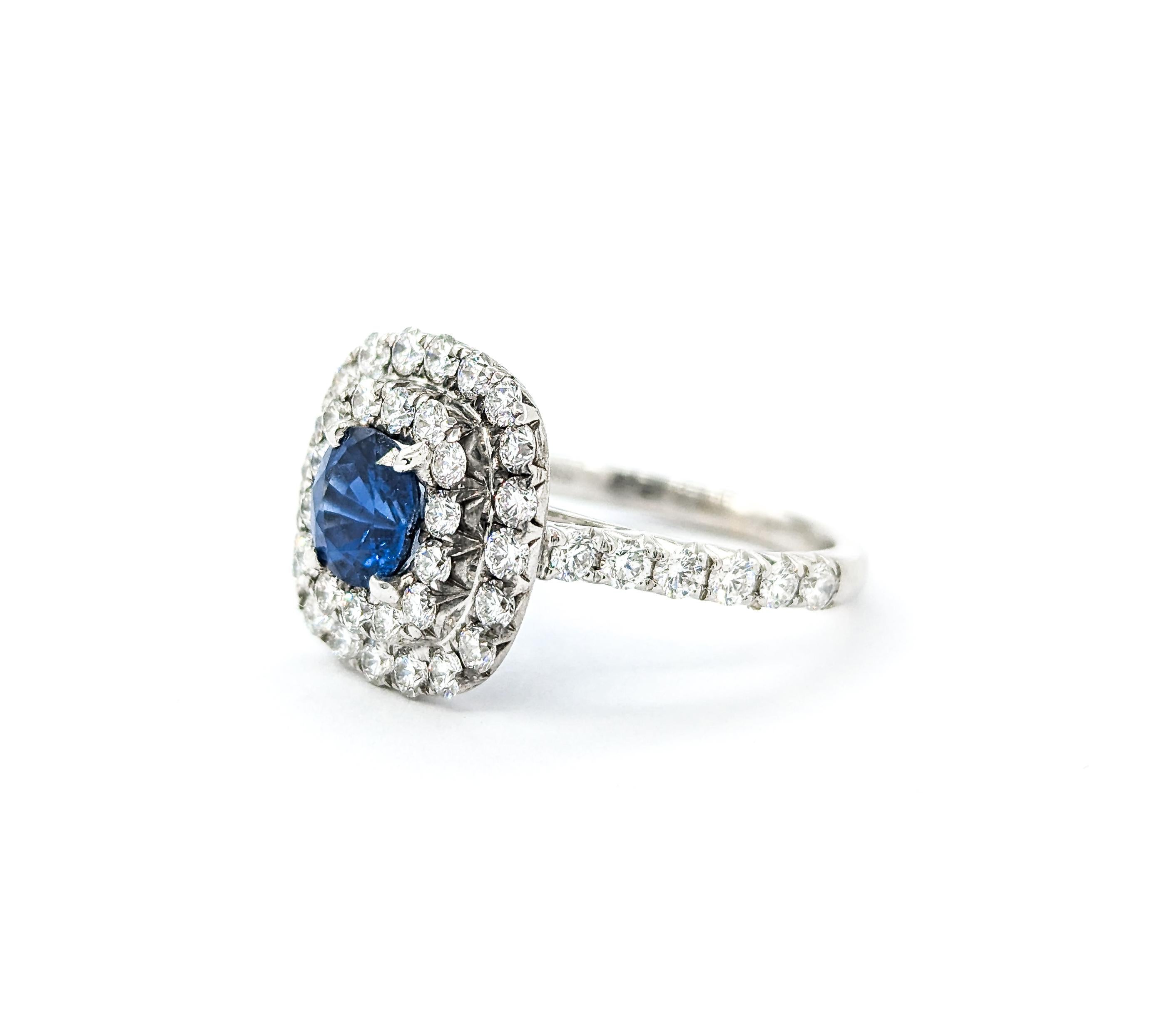 Double Diamond Halo & Sapphire Ring in White Gold 4