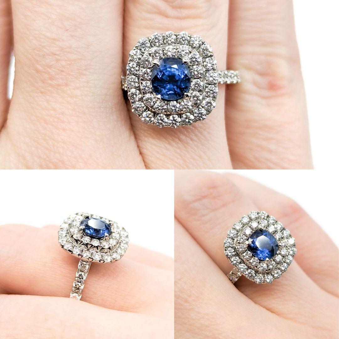 Double Diamond Halo & Sapphire Ring in White Gold

Introducing this beautiful ring crafted in 14kt white gold. The ring features a stunning 1.06ct cornflower blue sapphire centerpiece, the birthstone for September, symbolizing wisdom and nobility.