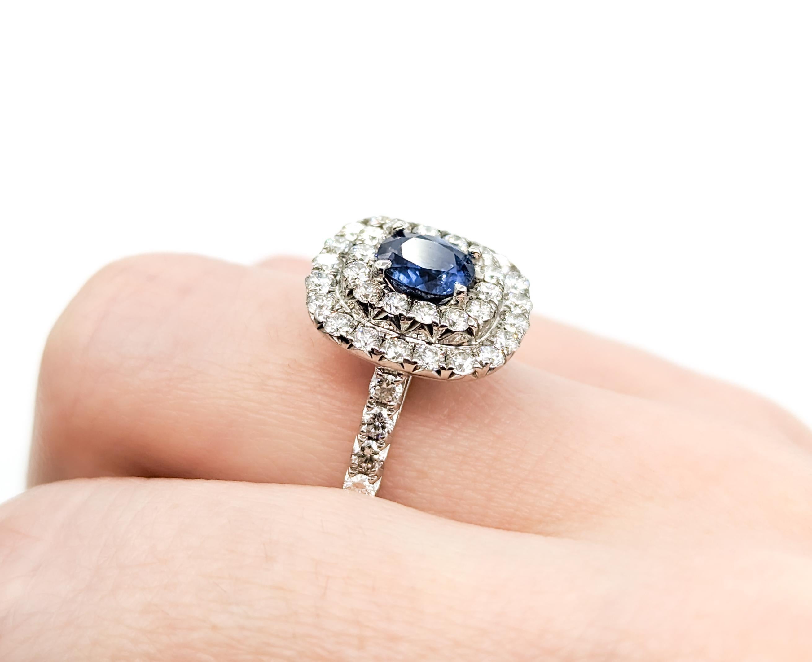 Contemporary Double Diamond Halo & Sapphire Ring in White Gold
