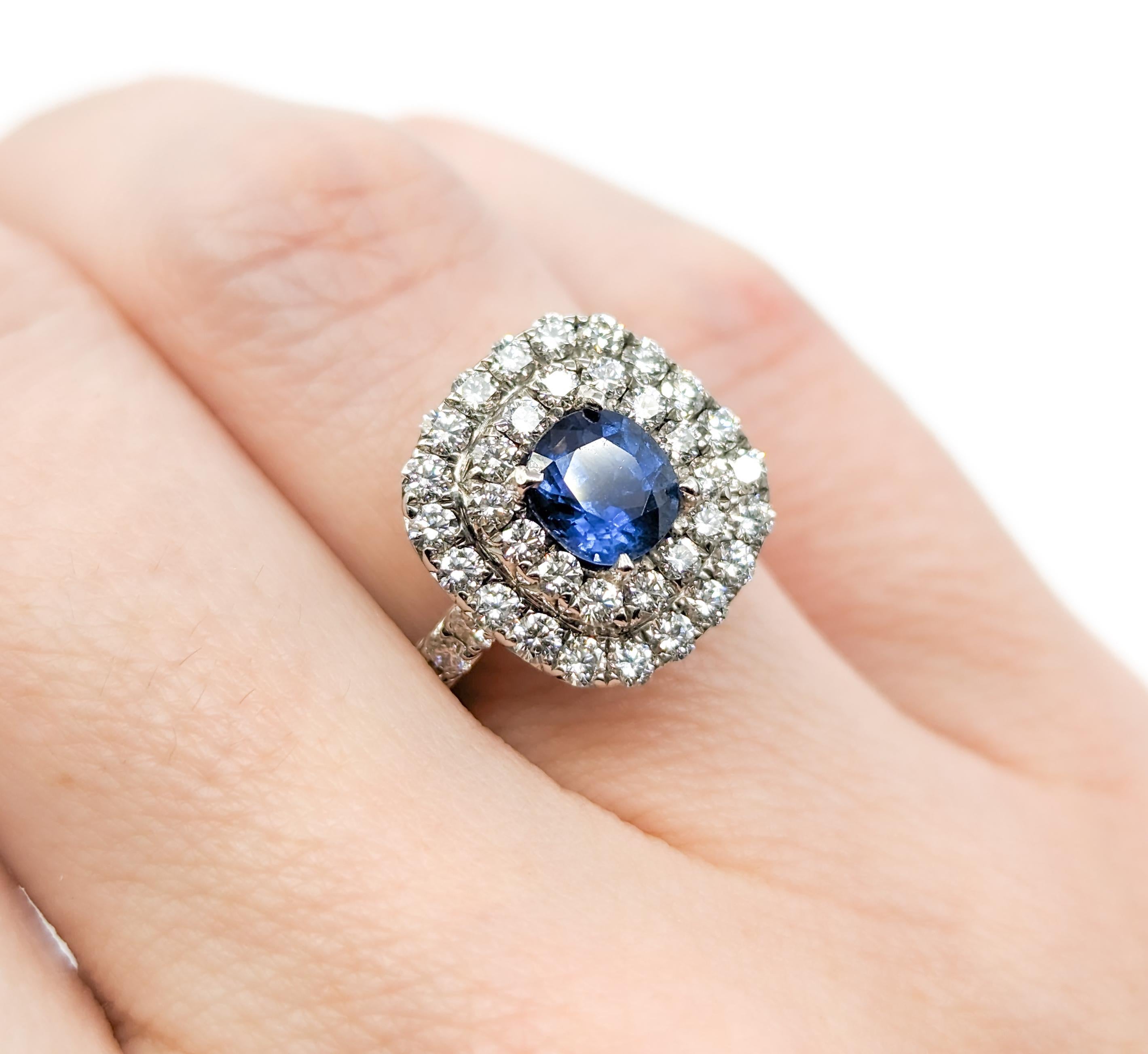Round Cut Double Diamond Halo & Sapphire Ring in White Gold