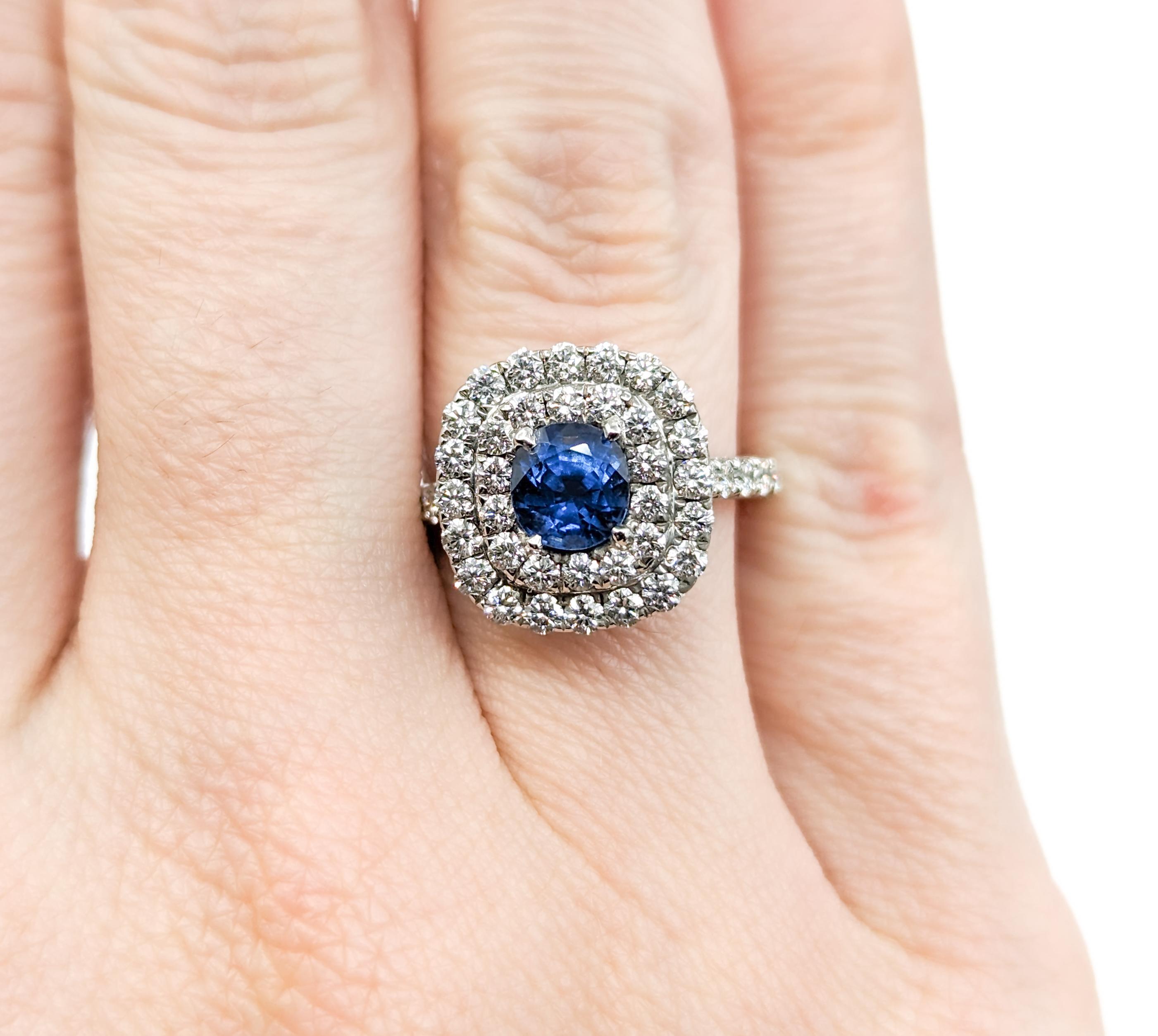 Double Diamond Halo & Sapphire Ring in White Gold In Excellent Condition In Bloomington, MN