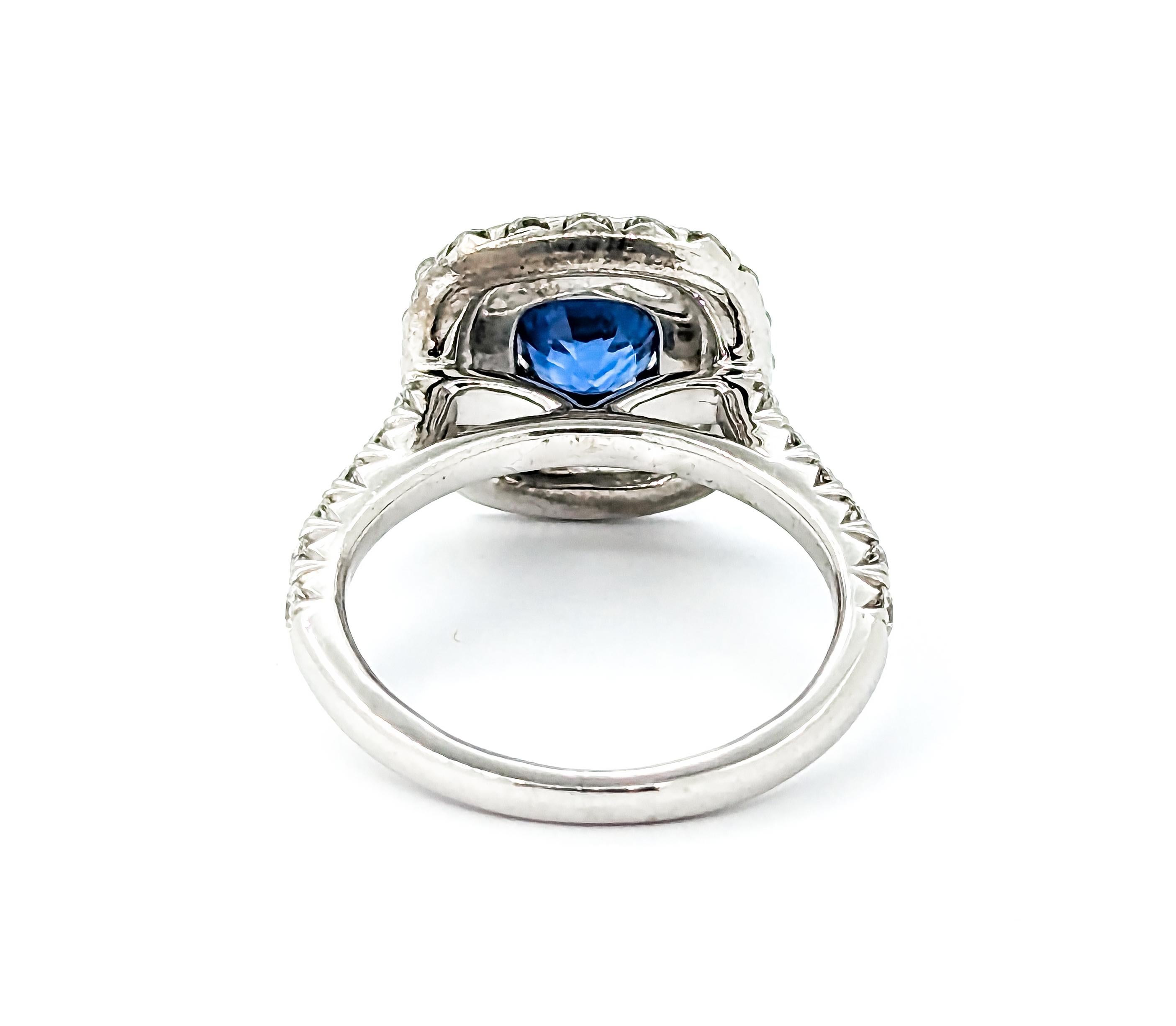 Double Diamond Halo & Sapphire Ring in White Gold 1