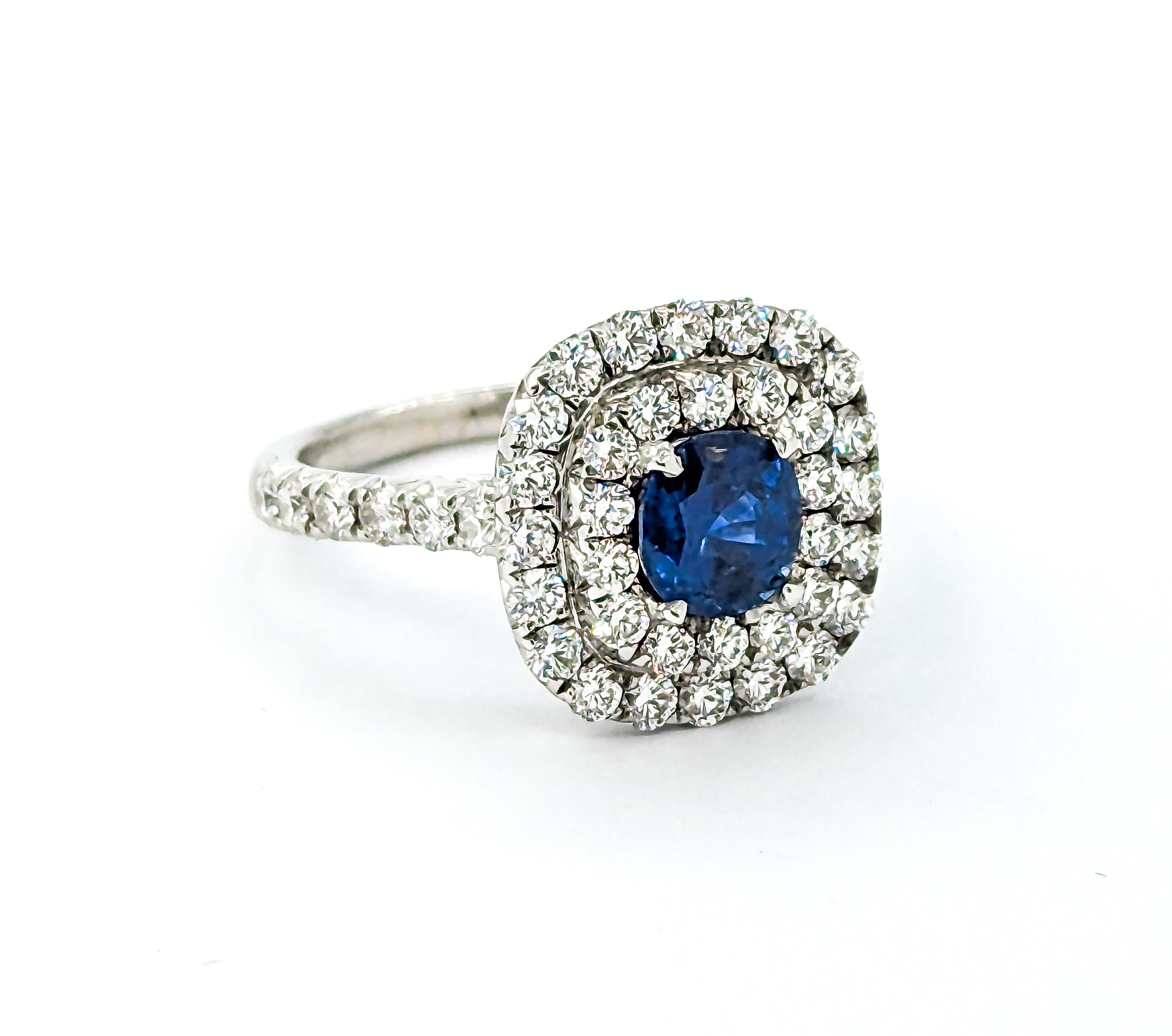 Double Diamond Halo & Sapphire Ring in White Gold 2