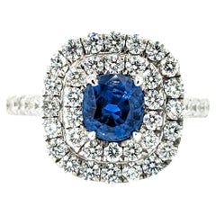 Double Diamond Halo & Sapphire Ring in White Gold
