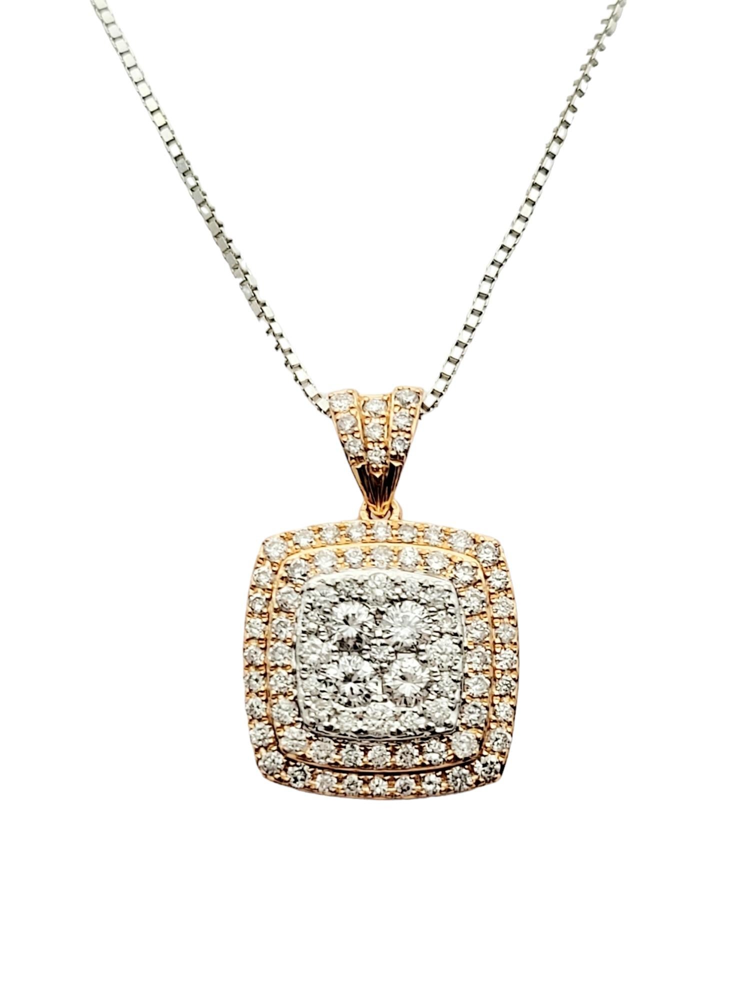 Contemporary Double Diamond Halo Squared Drop Pendant Set in 14 Karat Rose and White Gold For Sale