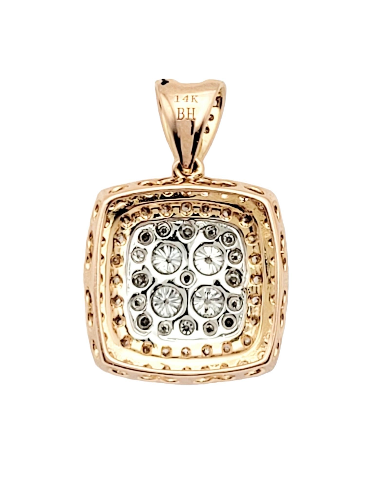 Round Cut Double Diamond Halo Squared Drop Pendant Set in 14 Karat Rose and White Gold For Sale
