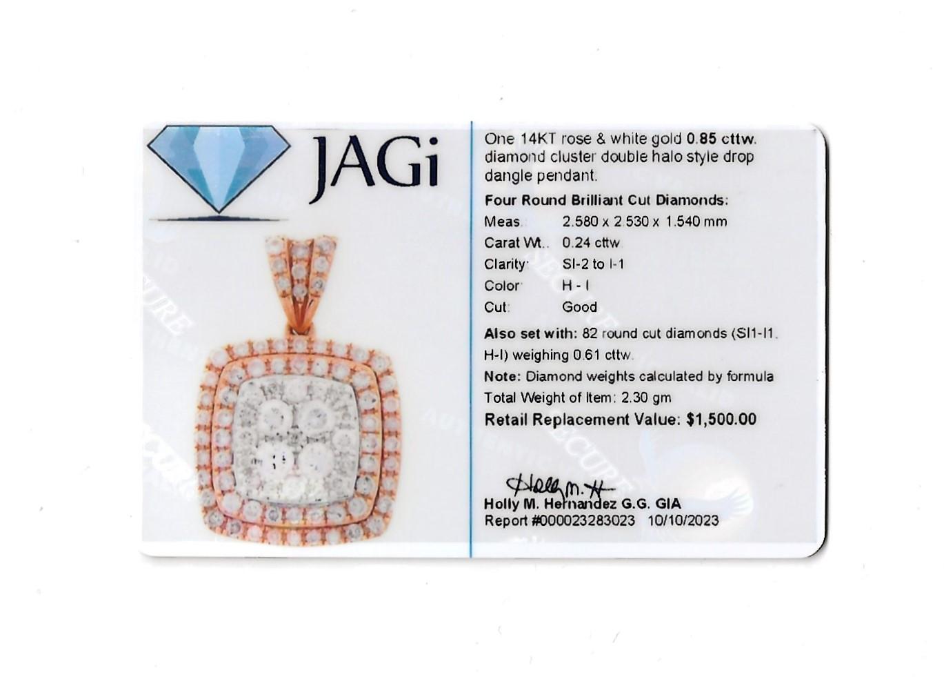 Women's Double Diamond Halo Squared Drop Pendant Set in 14 Karat Rose and White Gold For Sale