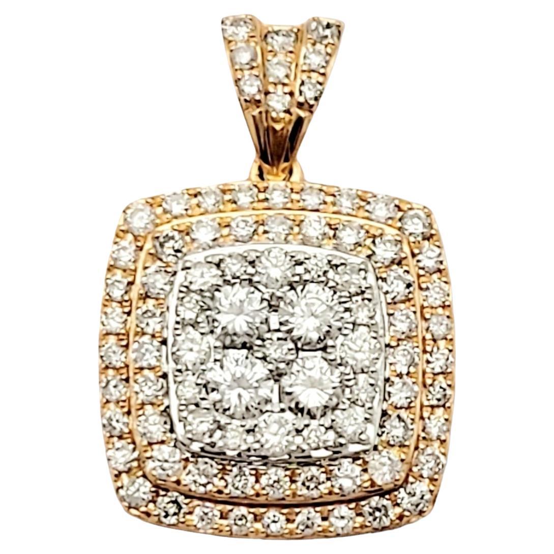 Double Diamond Halo Squared Drop Pendant Set in 14 Karat Rose and White Gold For Sale