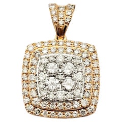 Double Diamond Halo Squared Drop Pendant Set in 14 Karat Rose and White Gold