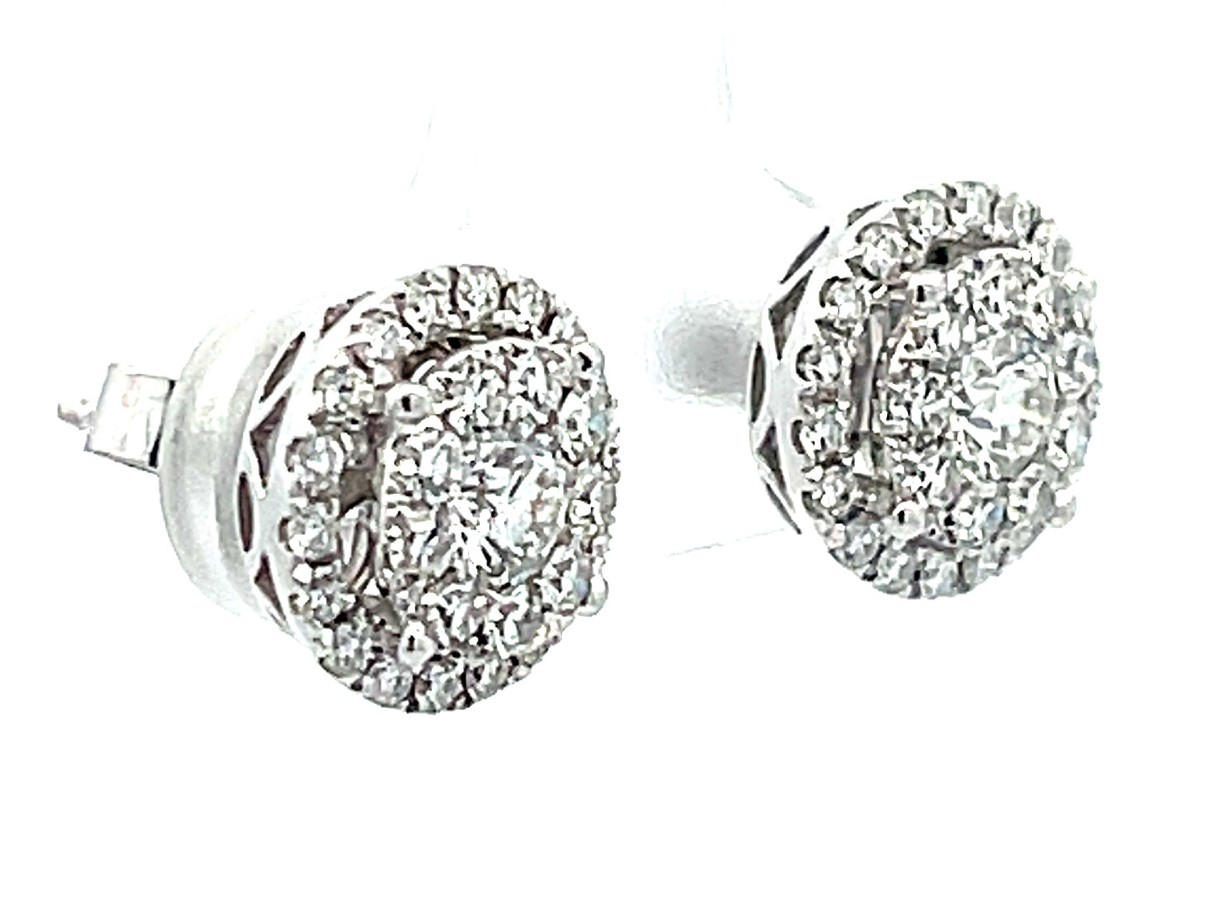 Modern Double Diamond Halo Stud Earrings in 18k White Gold For Sale