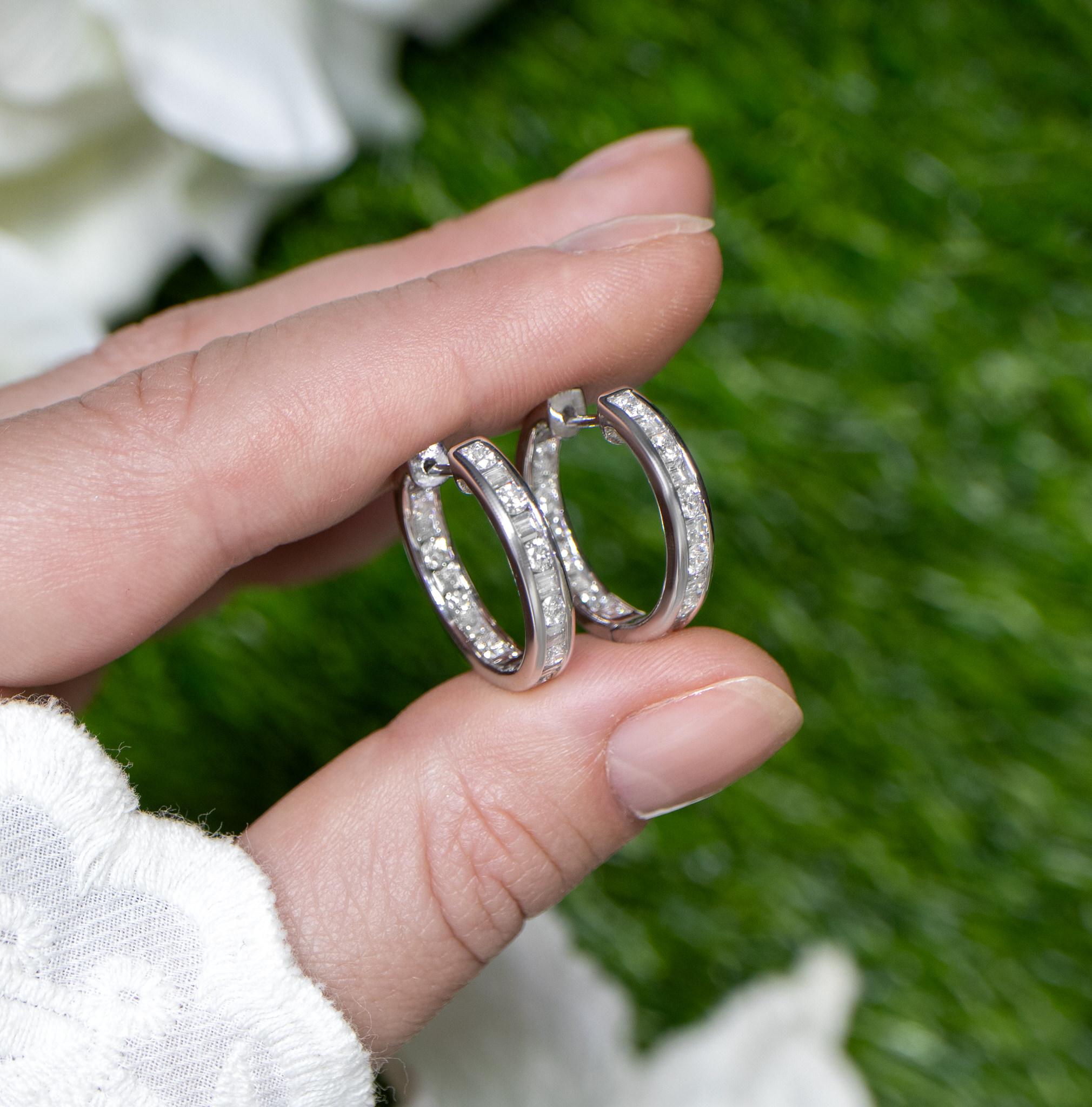 Modern Double Diamond Hoop Earrings Baguette and Round 2.16 Carats 18K Gold For Sale