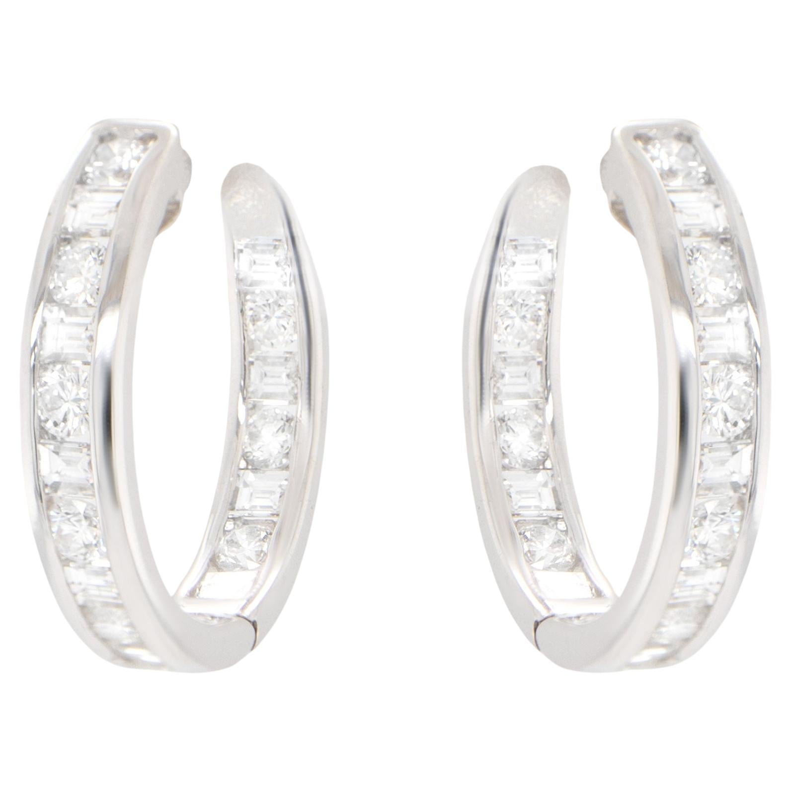 Double Diamond Hoop Earrings Baguette and Round 2.16 Carats 18K Gold For Sale
