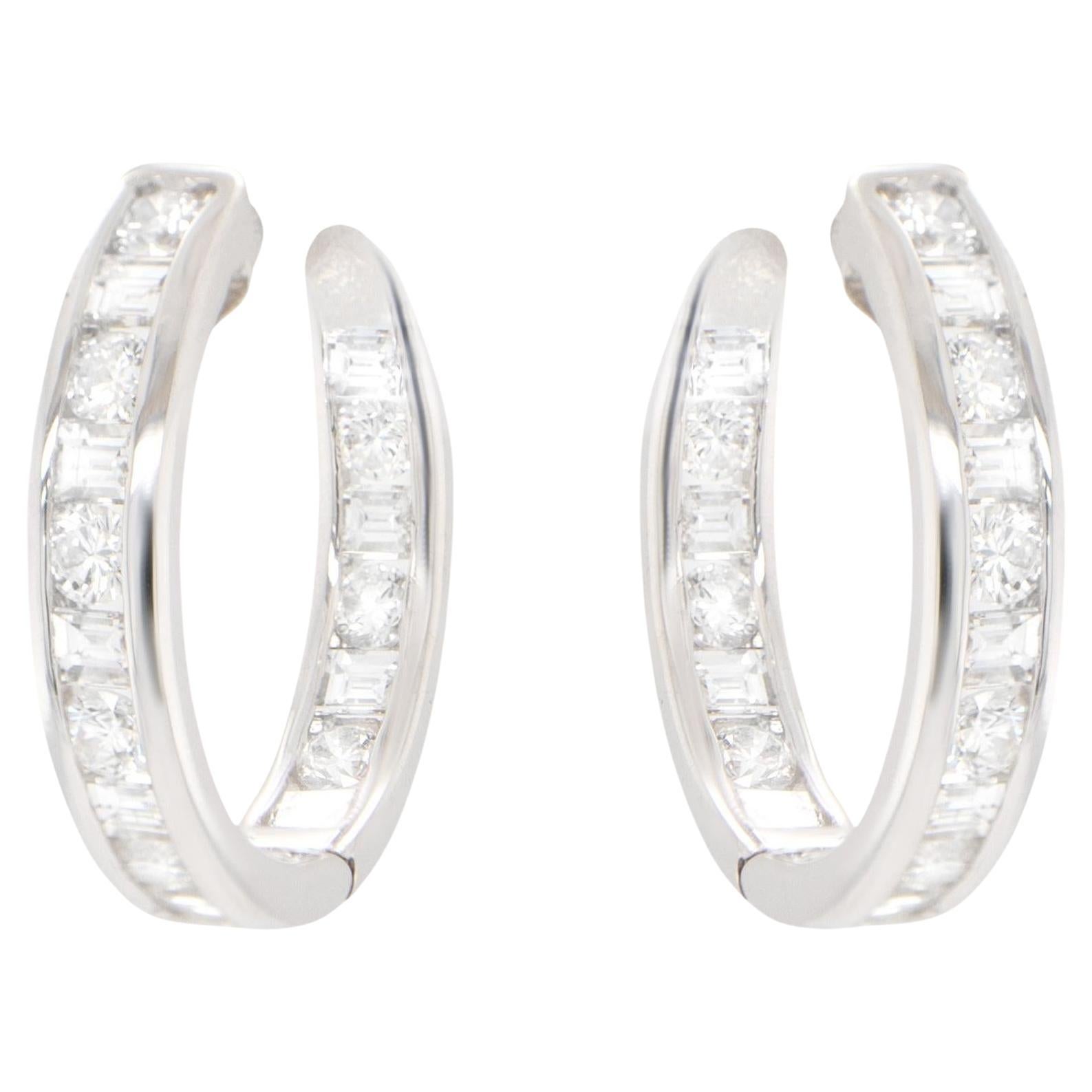 Double Diamond Hoop Earrings Baguette and Round 2.16 Carats 18K Gold For Sale