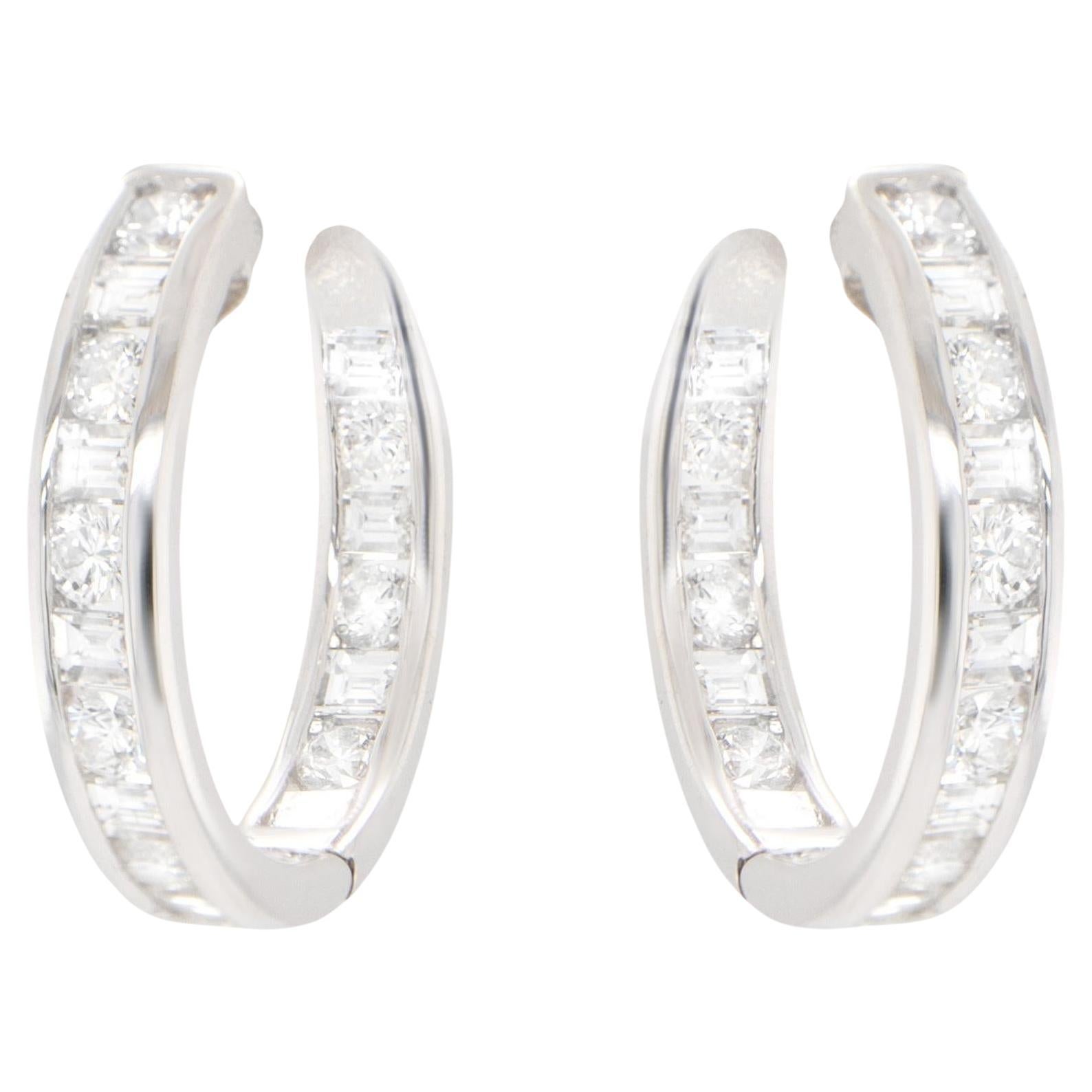 Double Diamond Hoop Earrings Baguette and Round 2.16 Carats 18K Gold For Sale