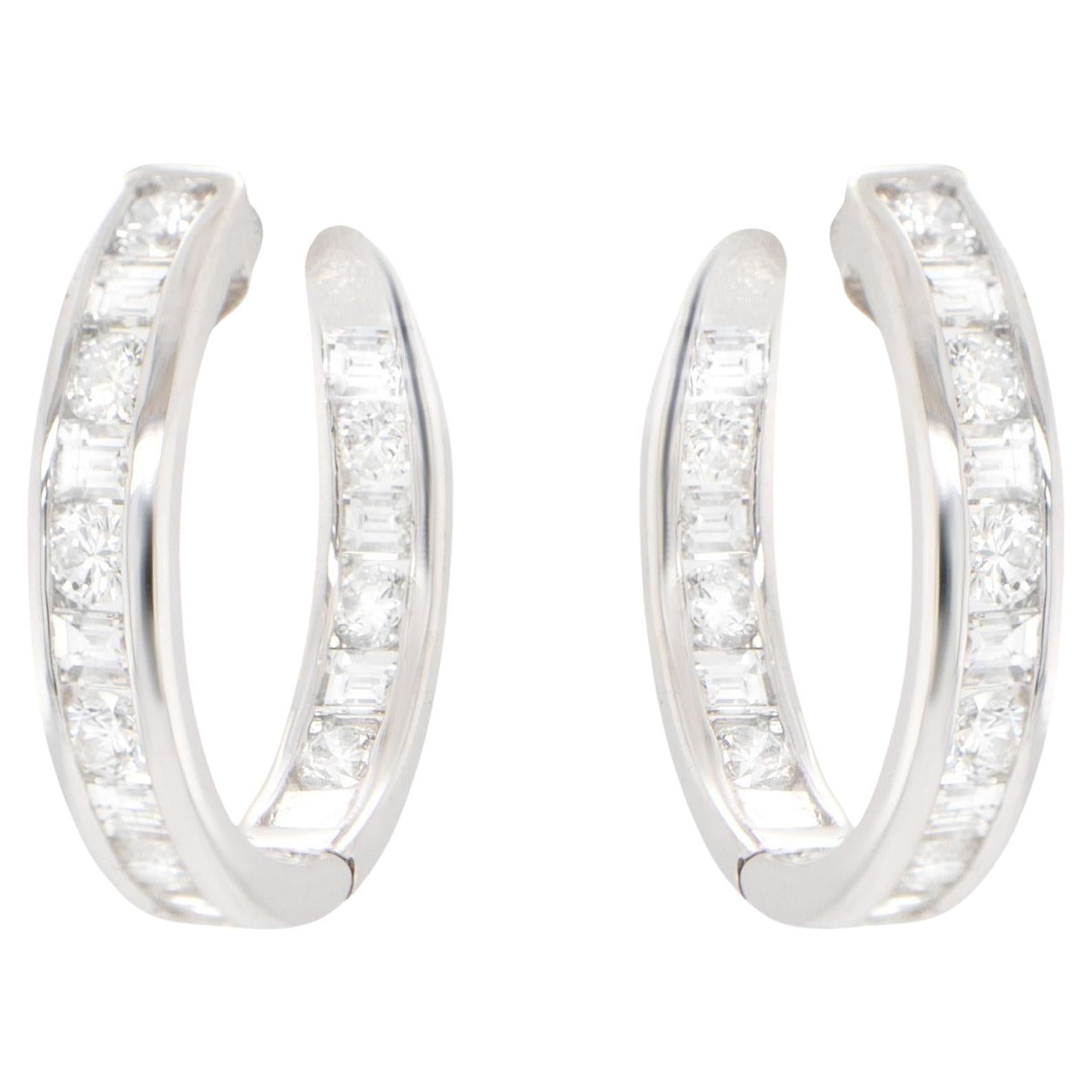Double Diamond Hoop Earrings Baguette and Round 2.16 Carats 18K Gold For Sale
