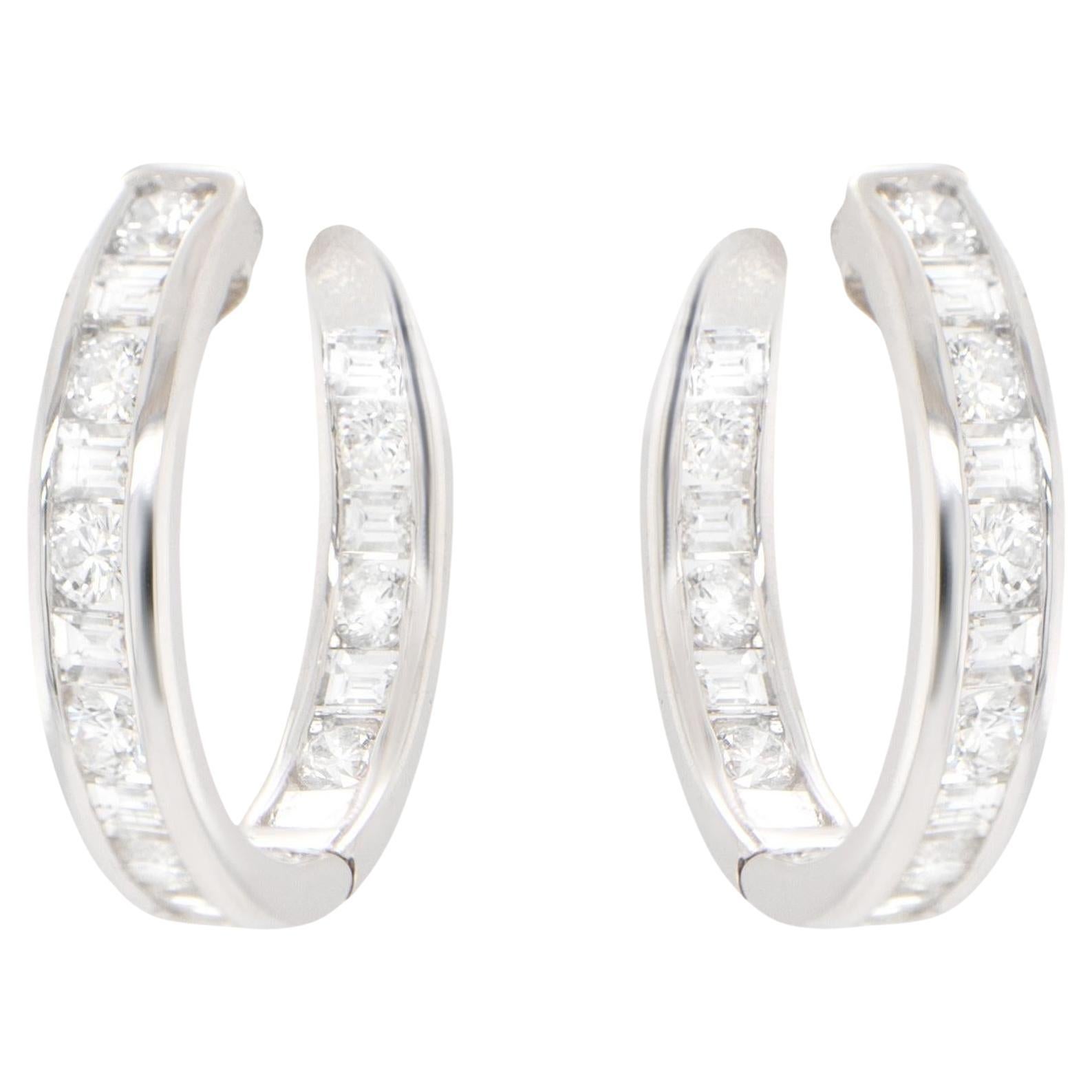 Double Diamond Hoop Earrings Baguette and Round 2.16 Carats 18K Gold