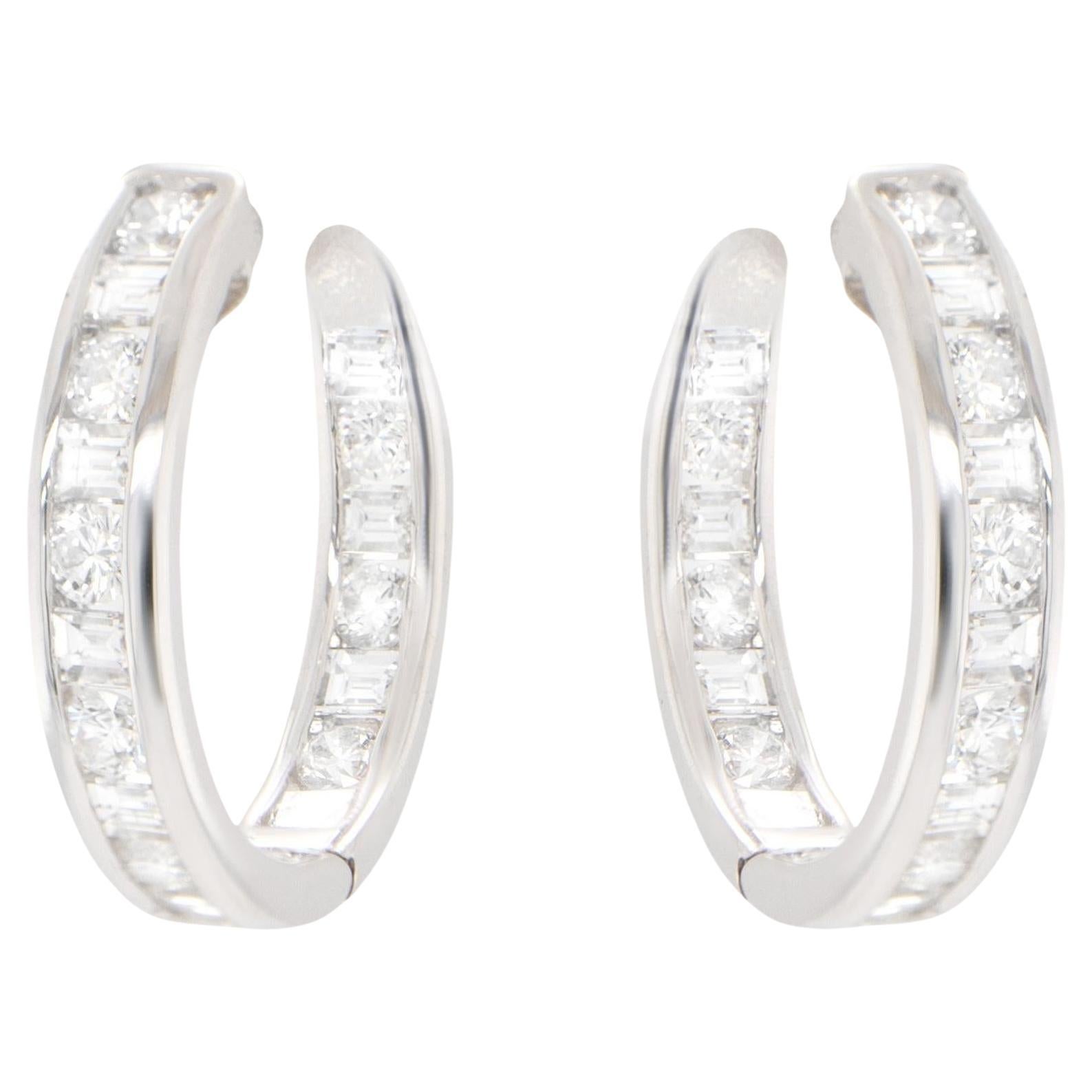 Double Diamond Hoop Earrings Baguette and Round 2.16 Carats 18K Gold