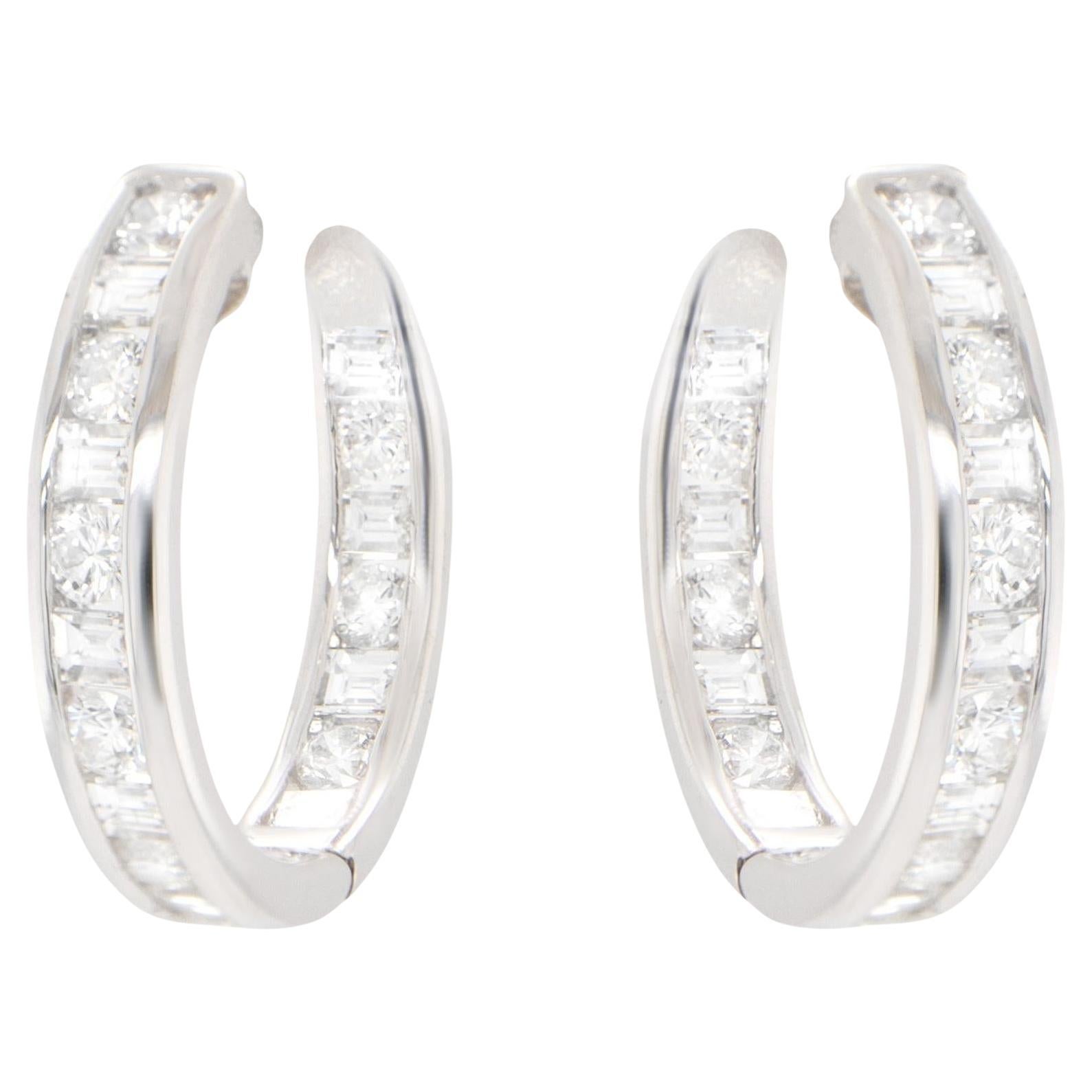 Double Diamond Hoop Earrings Baguette and Round 2.16 Carats 18K Gold For Sale