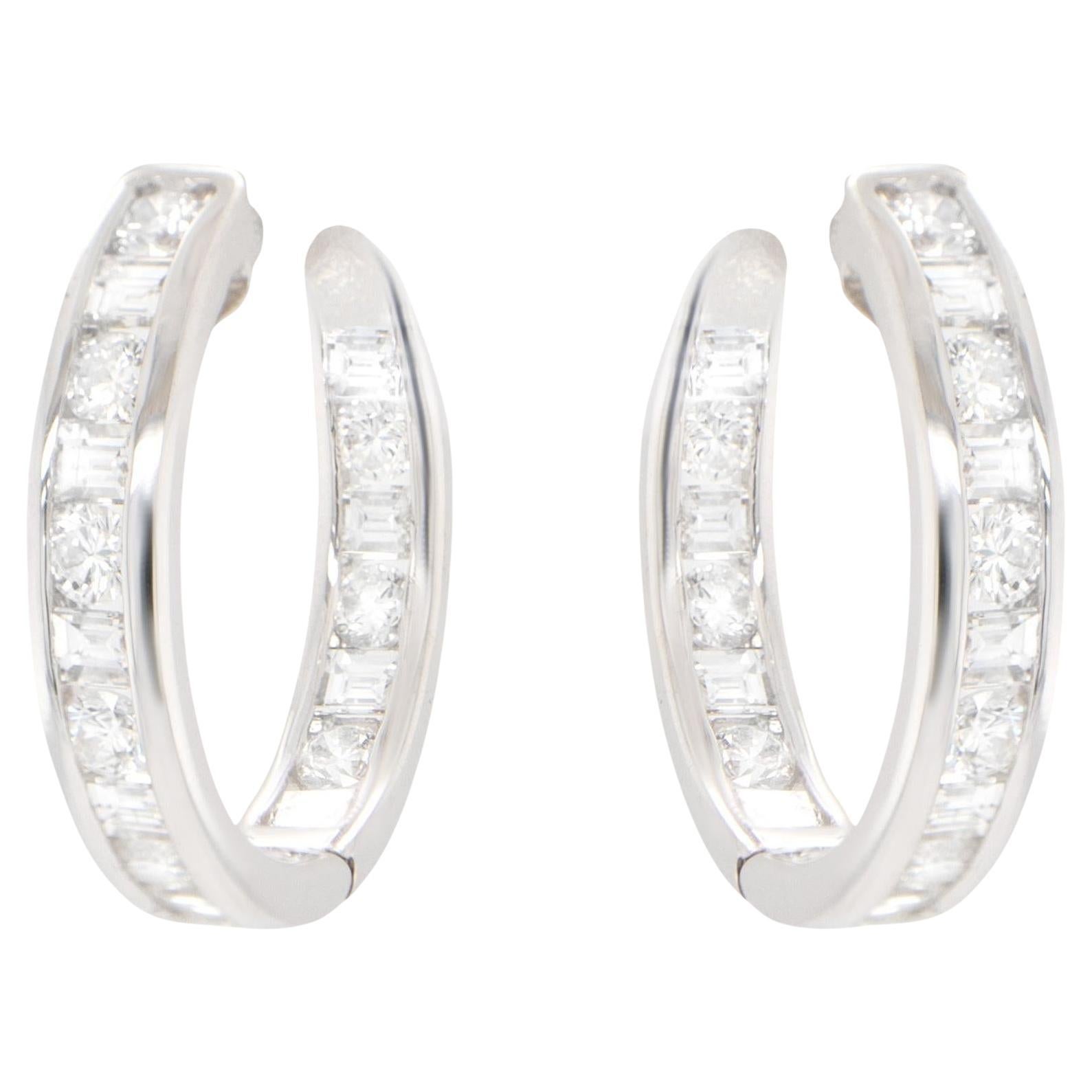 Double Diamond Hoop Earrings Baguette and Round 2.16 Carats 18K Gold