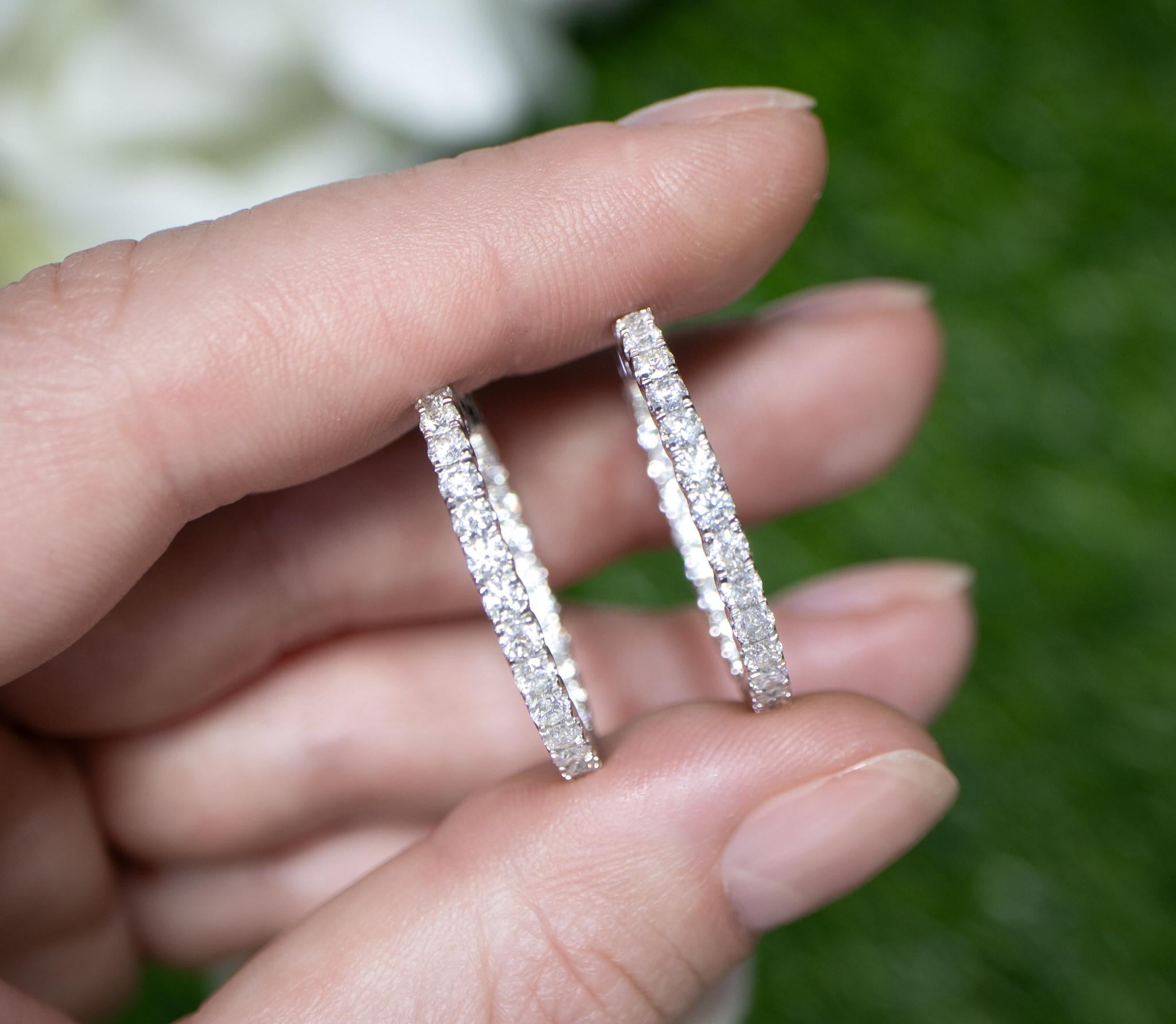 Contemporary Double Diamond Hoop Earrings Round Cut 2.15 Carats 18K Gold For Sale