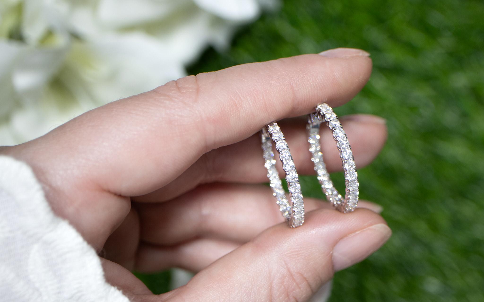 Double Diamond Hoop Earrings Round Cut 2.15 Carats 18K Gold In Excellent Condition In Aliso Viejo, CA