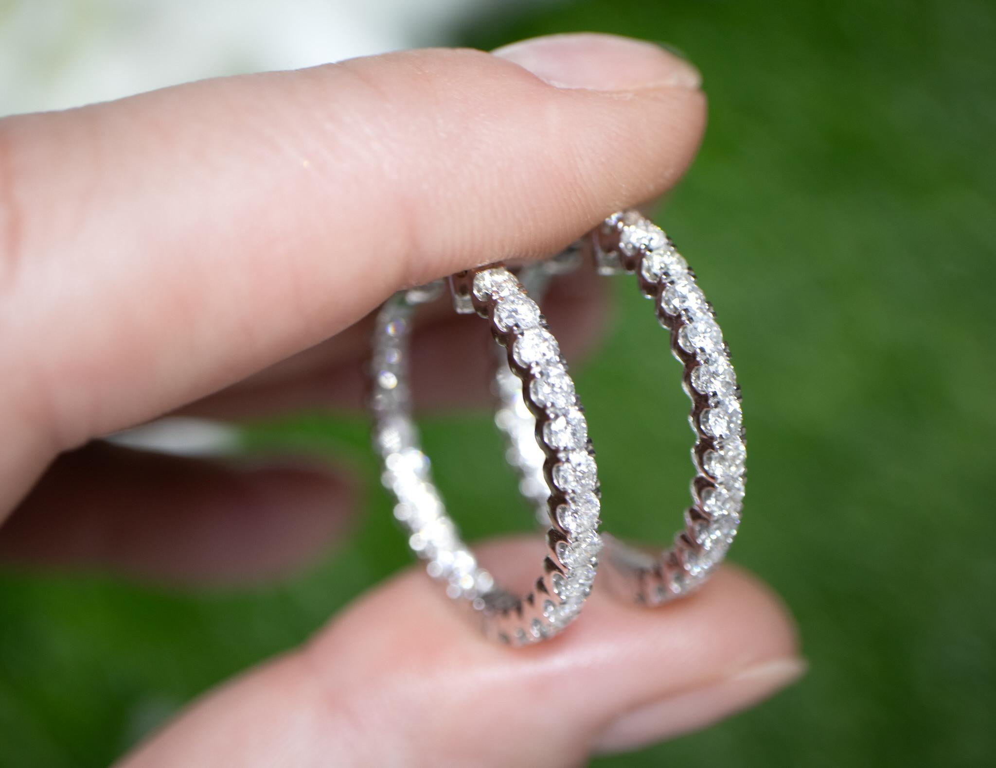 Women's or Men's Double Diamond Hoop Earrings Round Cut 2.15 Carats 18K Gold