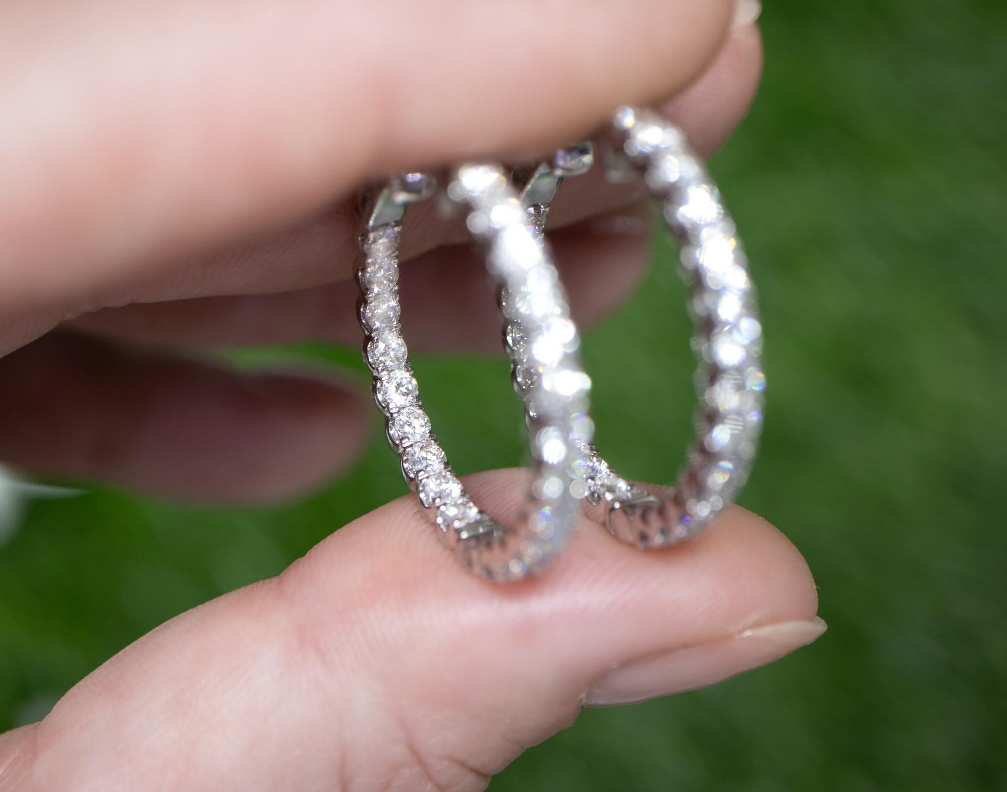 Double Diamond Hoop Earrings Round Cut 2.15 Carats 18K Gold 1